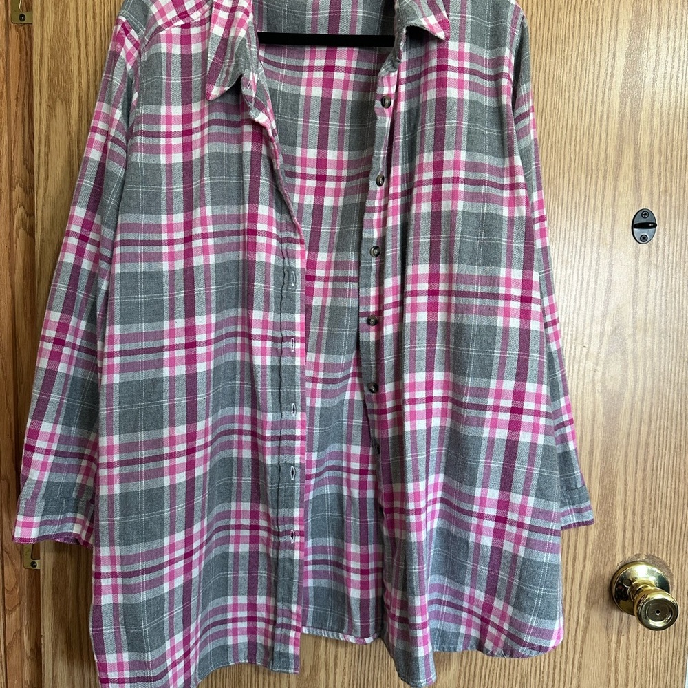 Woman Within Pink and Gray Plaid Flannel Shirt